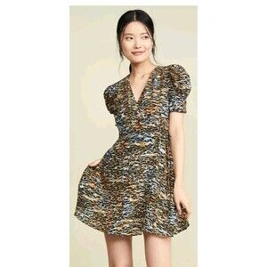 SALONI Ink Tiger Animal Print Black LEA Silk Wrap A-Line Mini Dress Size 4